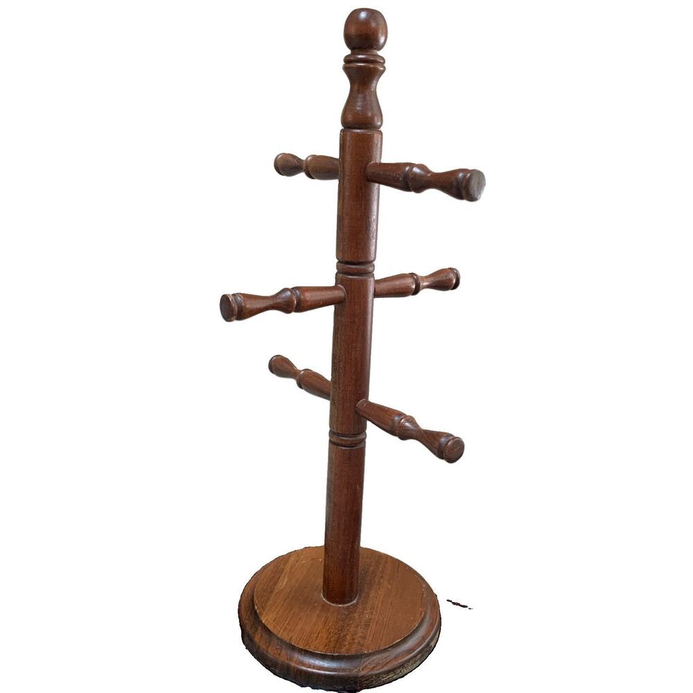 Vintage Wooden 6 Mug Cup Tree Stand Holder Retro Country Kitchen Decor 15” Tall